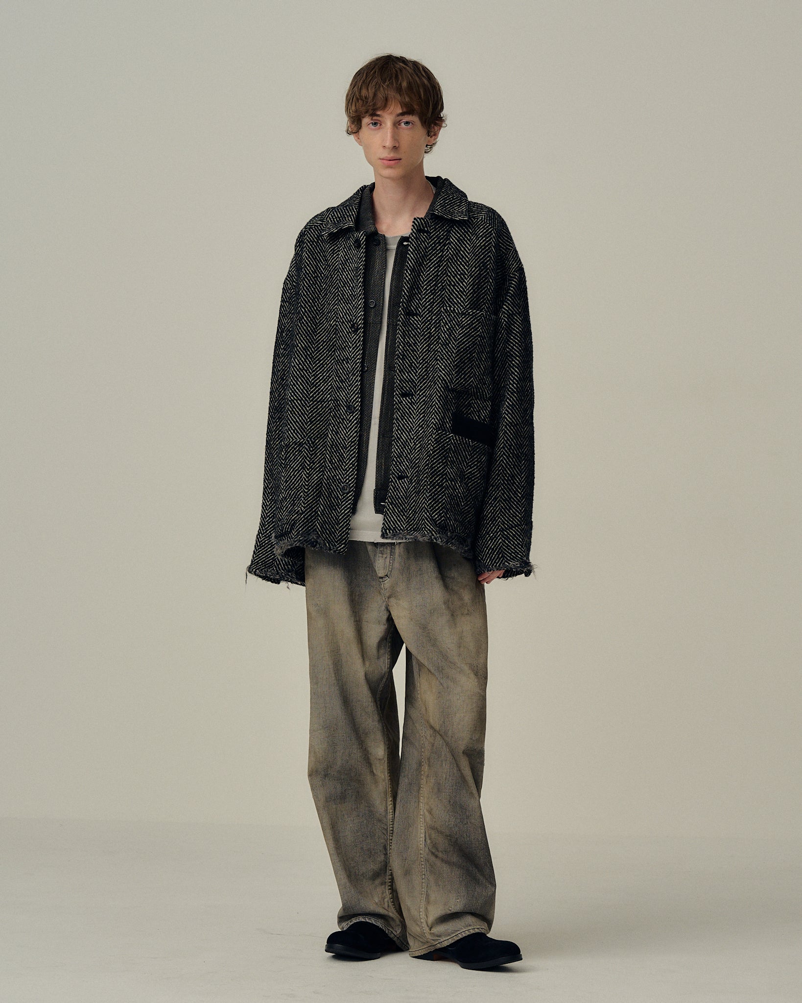 DAMAGE WOOL HERRINGBONE COVER ALL(WHITE×BLACK)