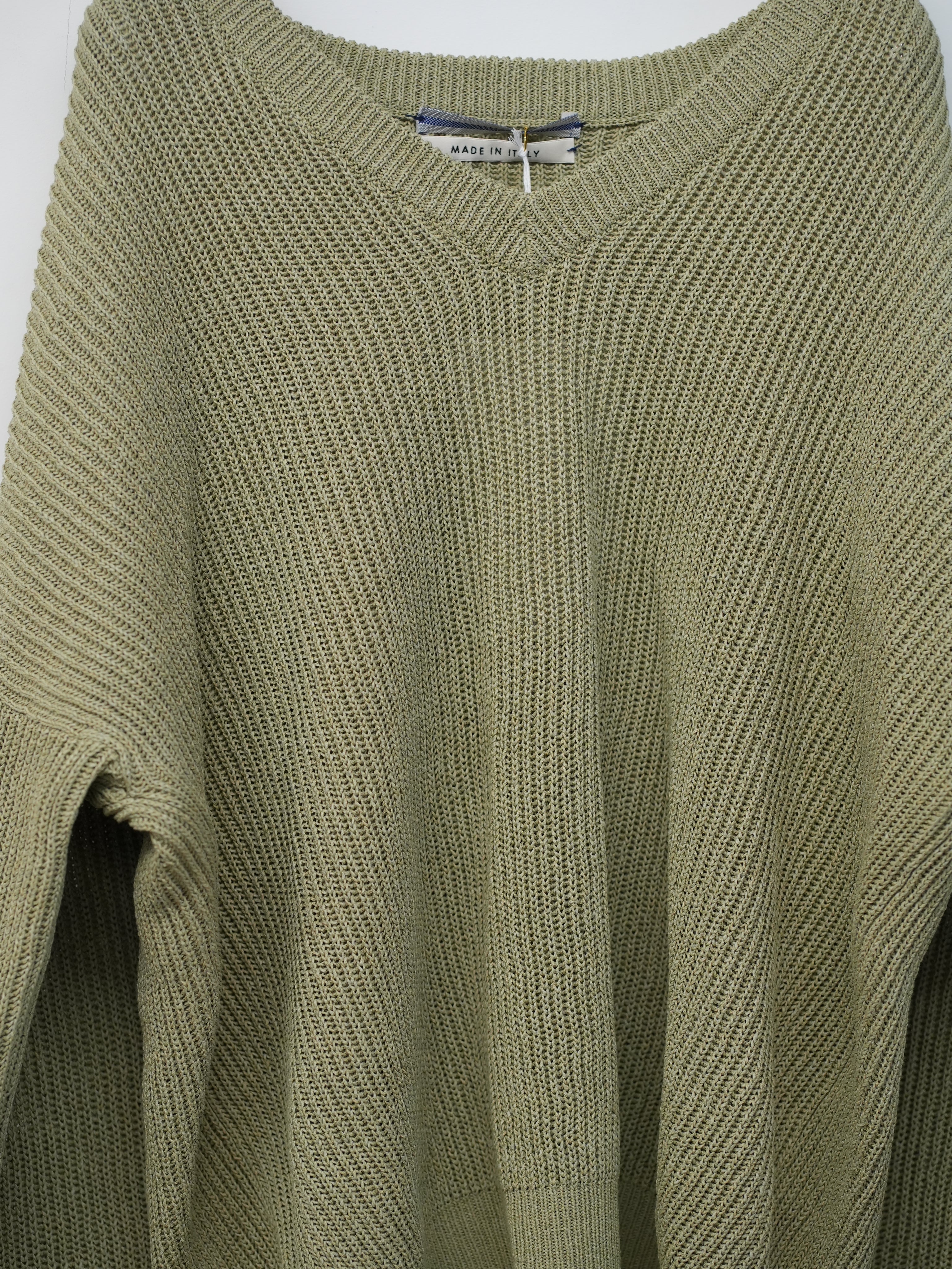 RIBBED V NECK DROPSHOULDER SWEATER(Light khaki)