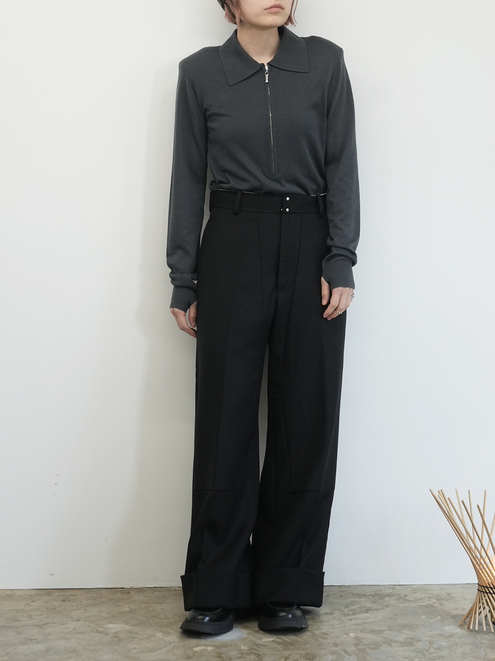 SILK CASHMERE PADDED ZIP PULLOVER KNIT (GRAY)