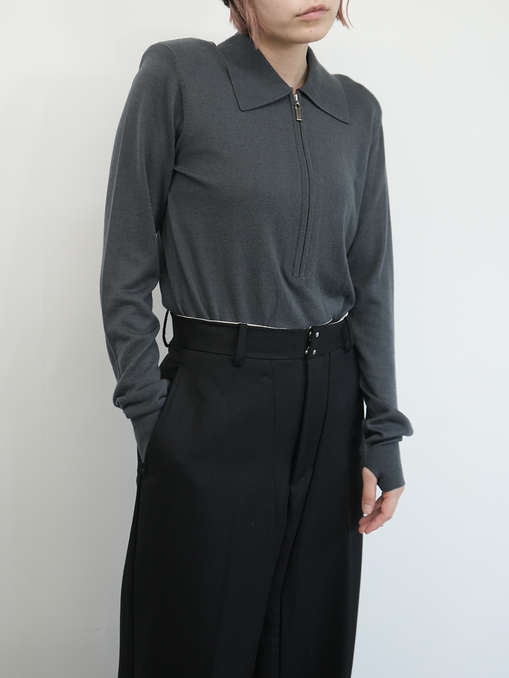 SILK CASHMERE PADDED ZIP PULLOVER KNIT (GRAY)