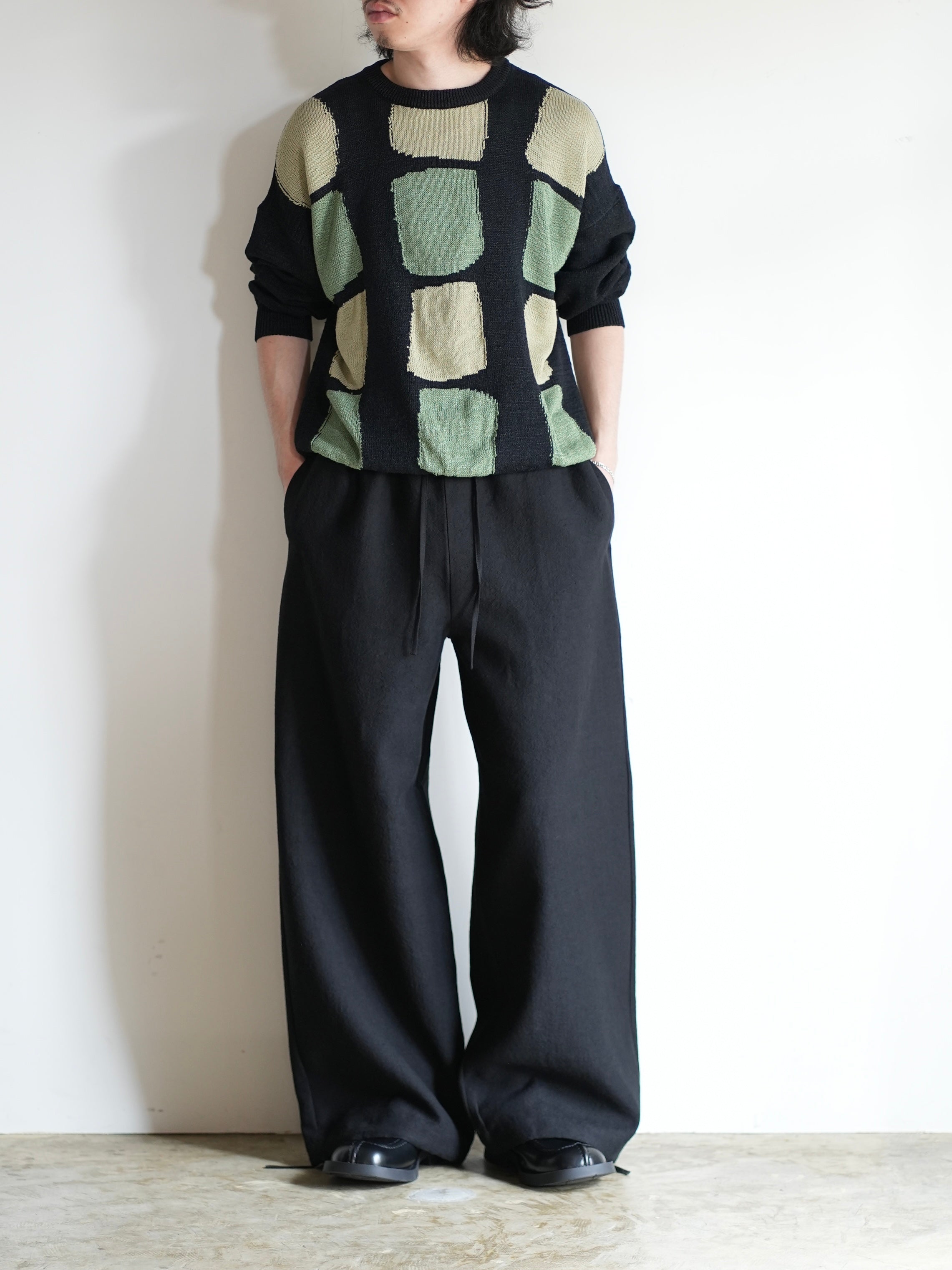 WASHI PAPER PATCHWORK SWEATER(Black with Sauge/ Light khaki patch)