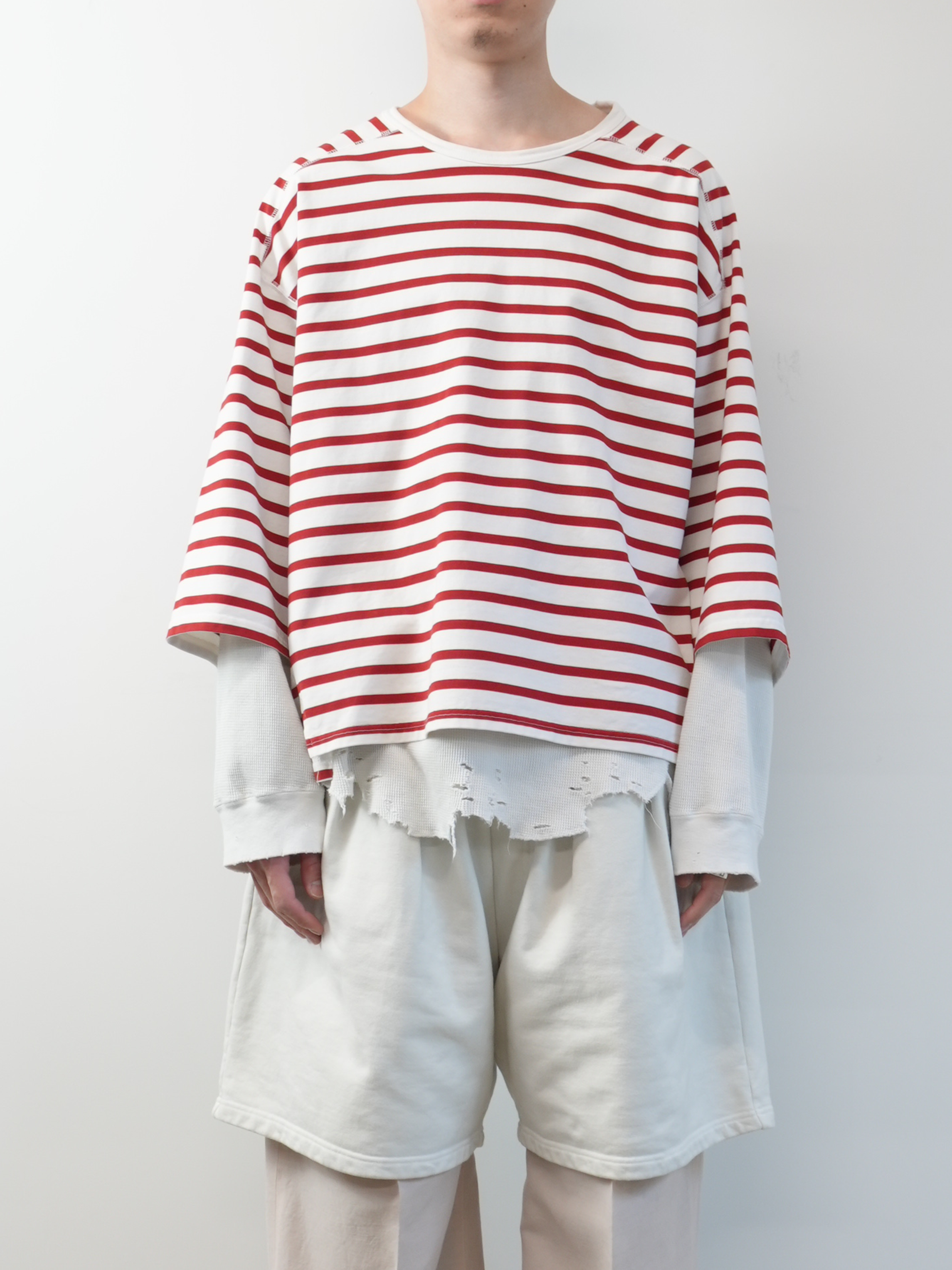 BORDER LAYERED LS SHIRT(WHITE/RED)