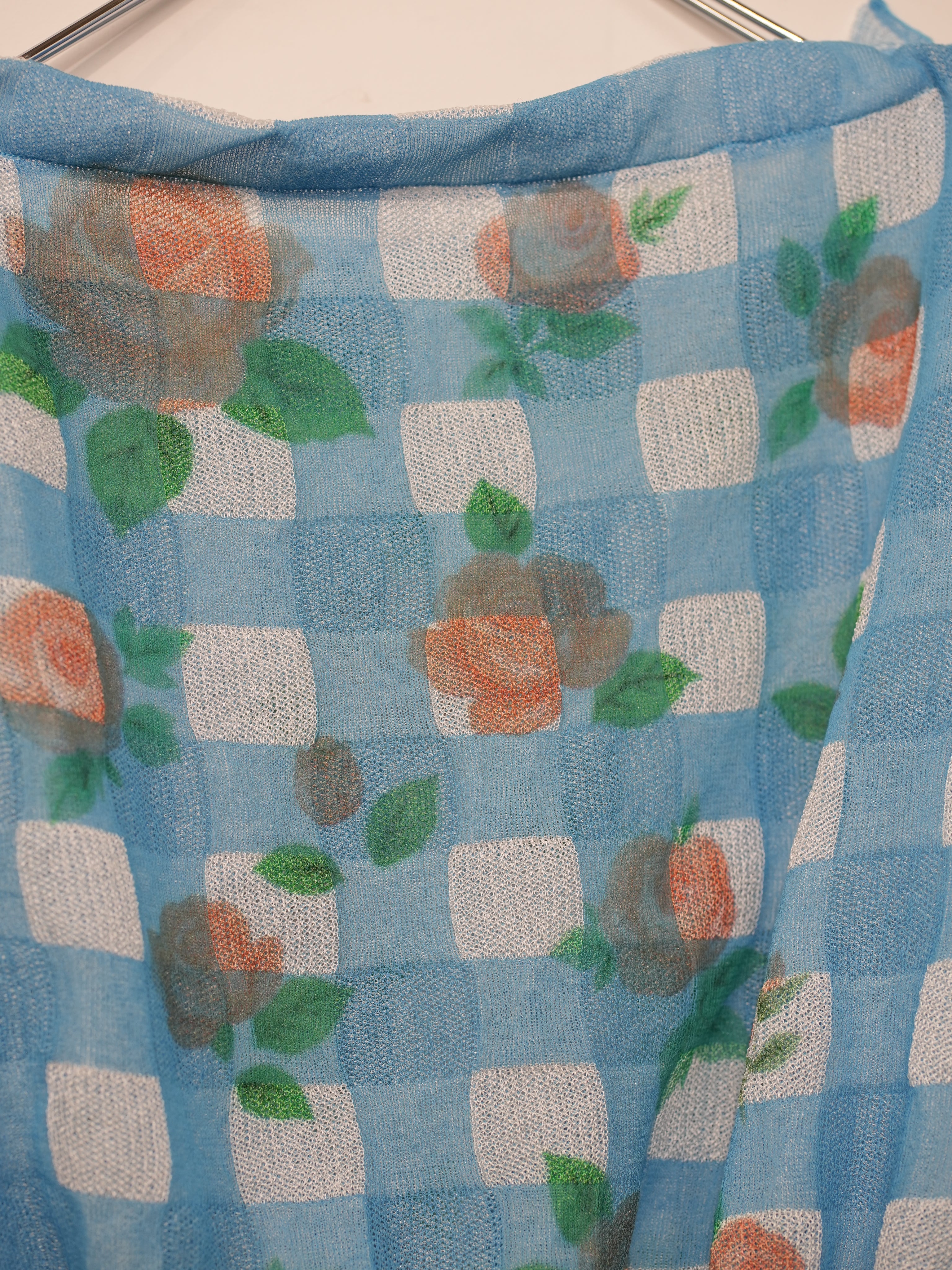 FLOWER PRINTED GINGHAM KNIT TOP