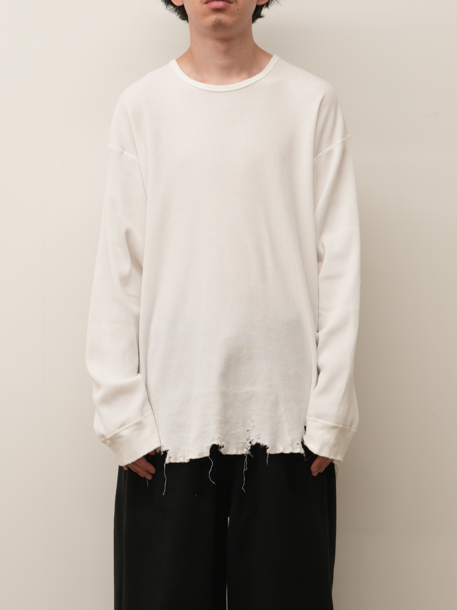 DAMAGE WAFFLE CREW LS T-SHIRT(WHITE)