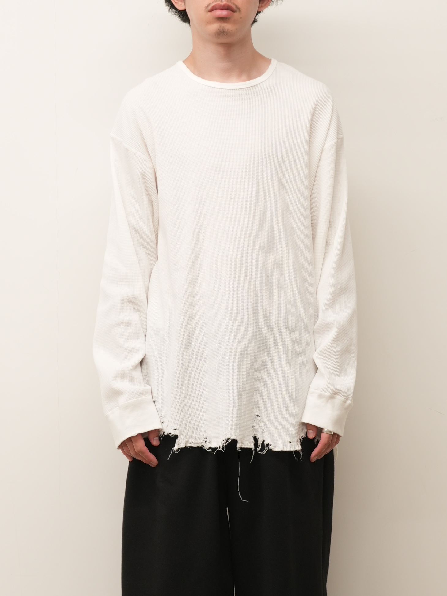DAMAGE WAFFLE CREW LS T-SHIRT(WHITE)