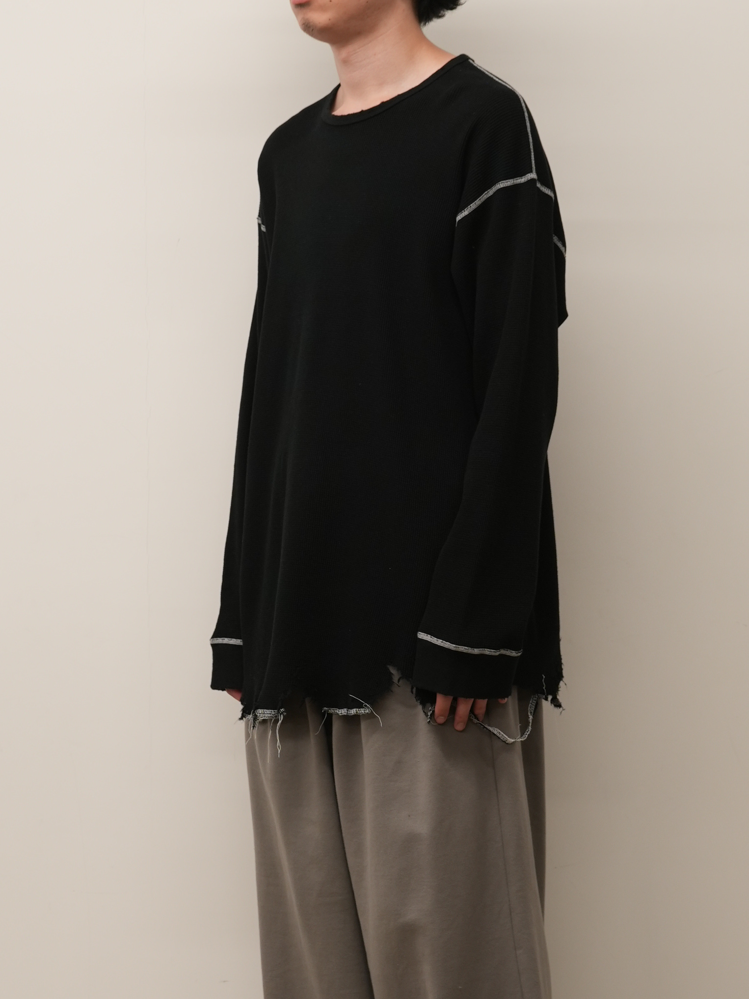DAMAGE WAFFLE CREW LS T-SHIRT(BLACK)