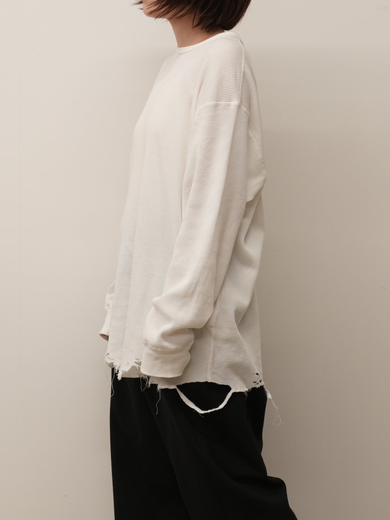 DAMAGE WAFFLE CREW LS T-SHIRT(WHITE)