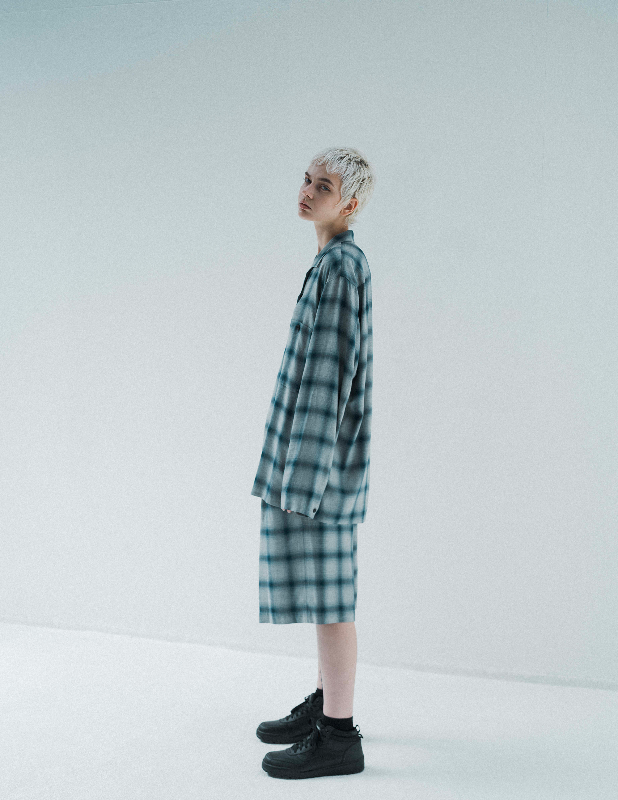 SHADOW CHECK OPEN COLLAR SHIRT