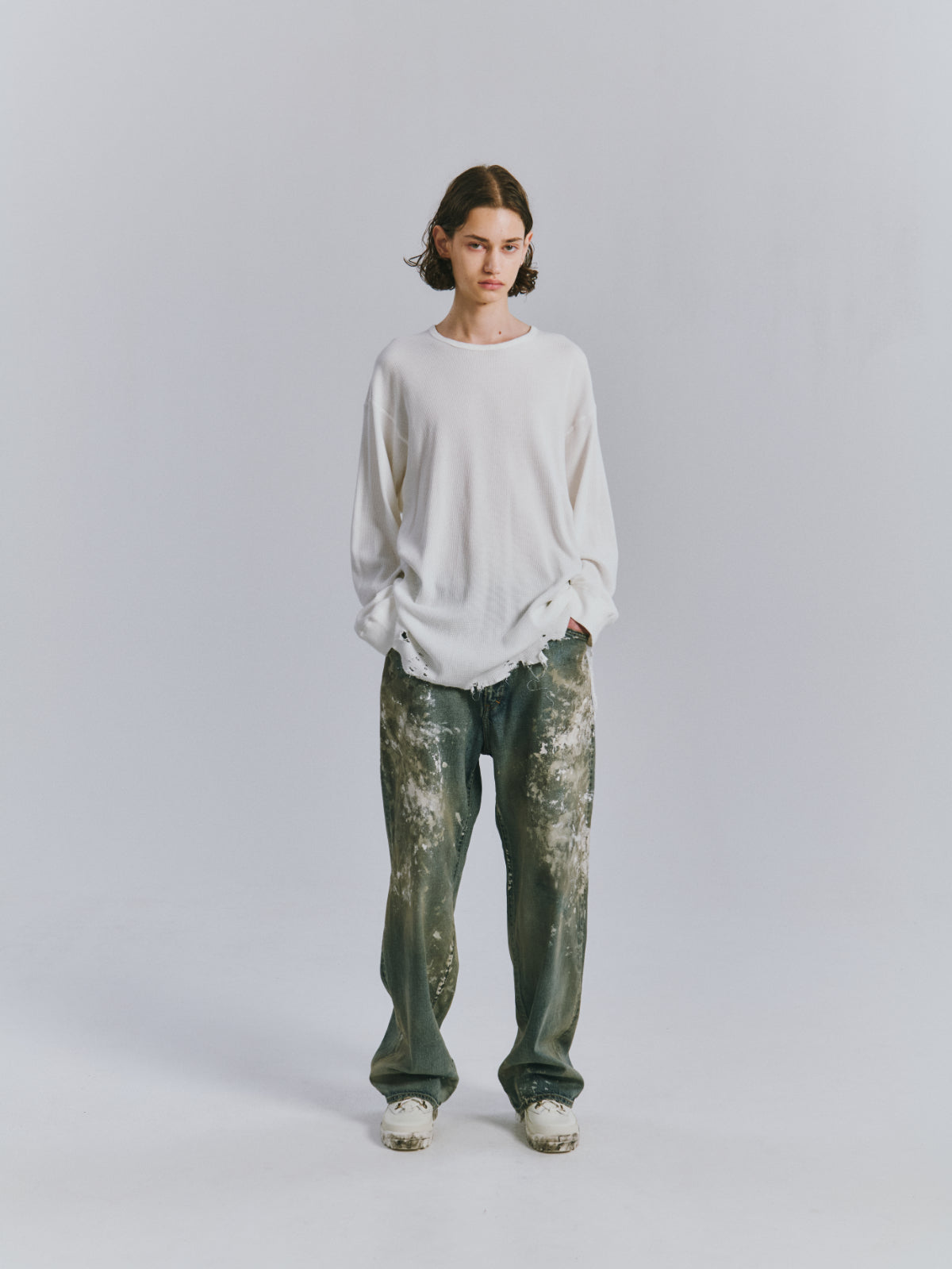 DAMAGE WAFFLE CREW LS(WHITE)