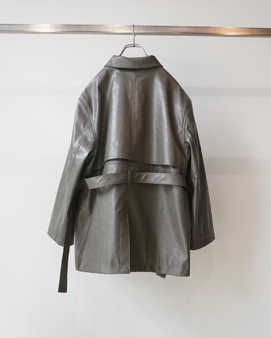 Vegan Leather Belted Jacket(Clay)
