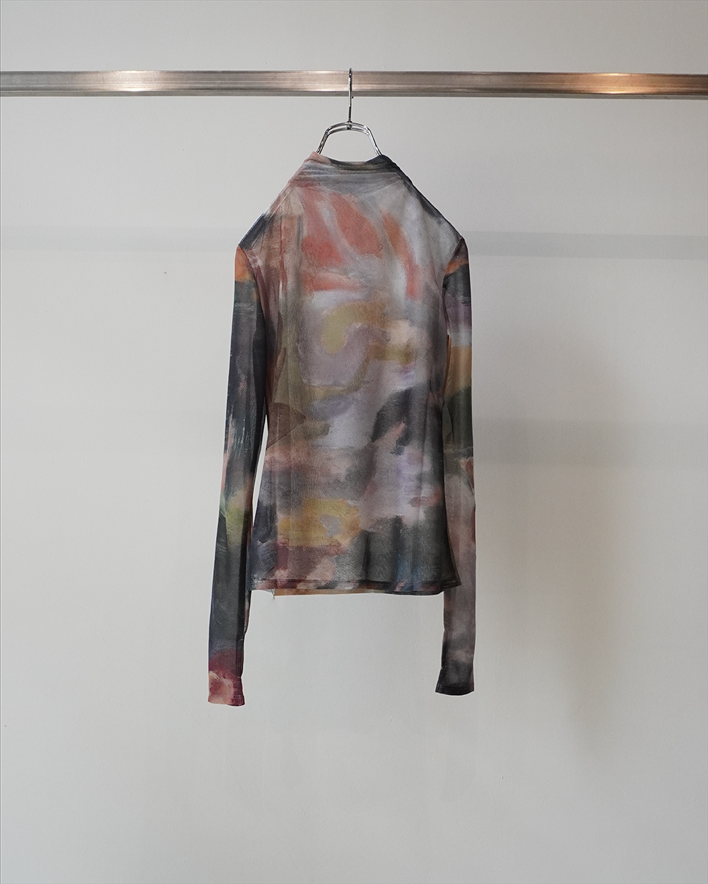 Abstract Painting Print Sheer High Neck Top