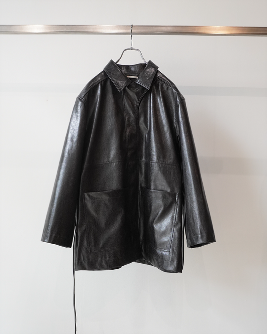Vegan Leather Belted Jacket(Black)