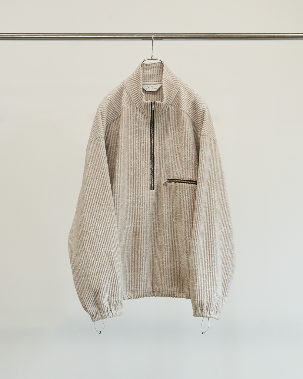 CUT STRIPE HALF ZIP PULL OVER SHIRT(BEIGE)