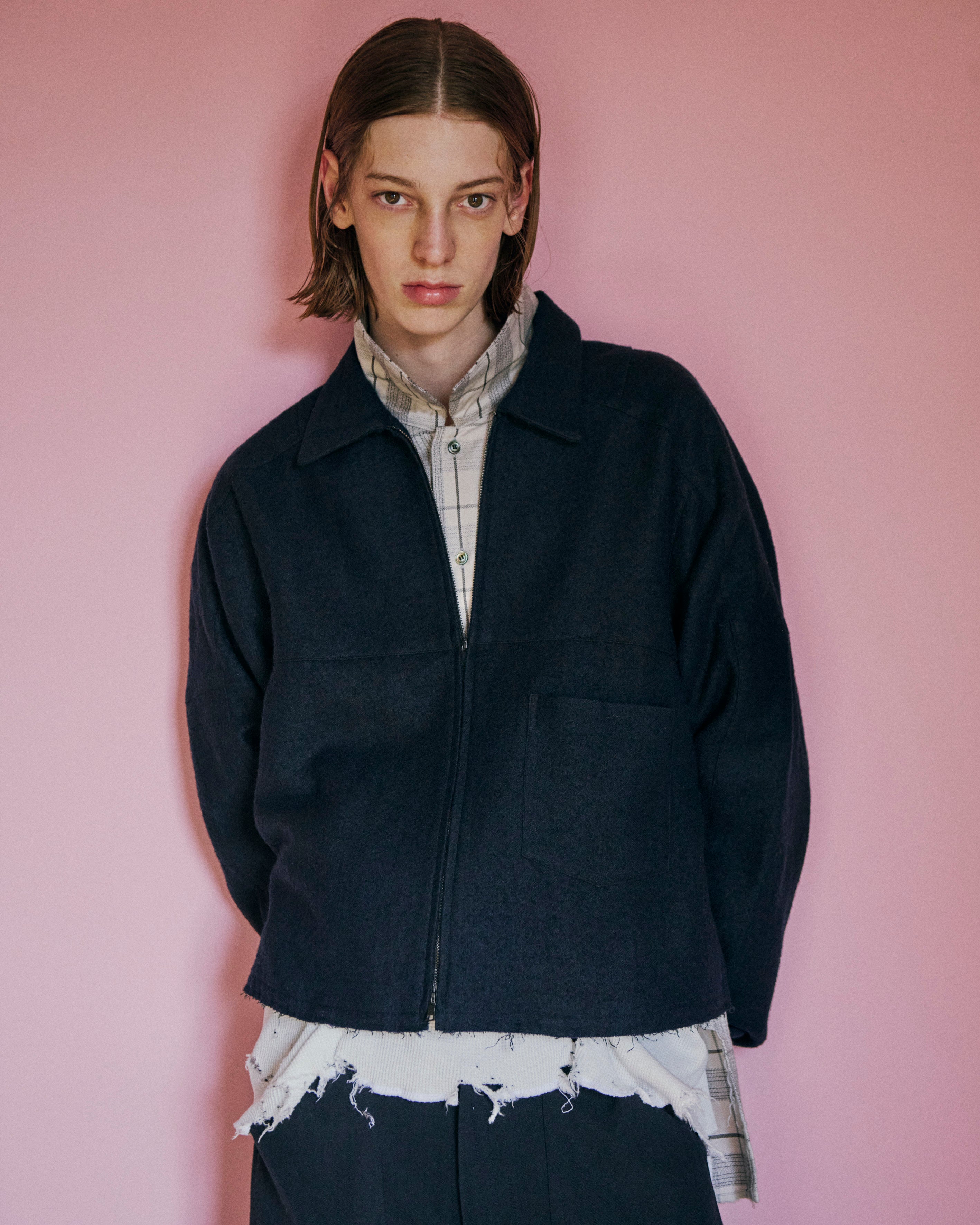 SHRINK WOOL SHORT ZIPUP SHIRT JACKET(BLACK)