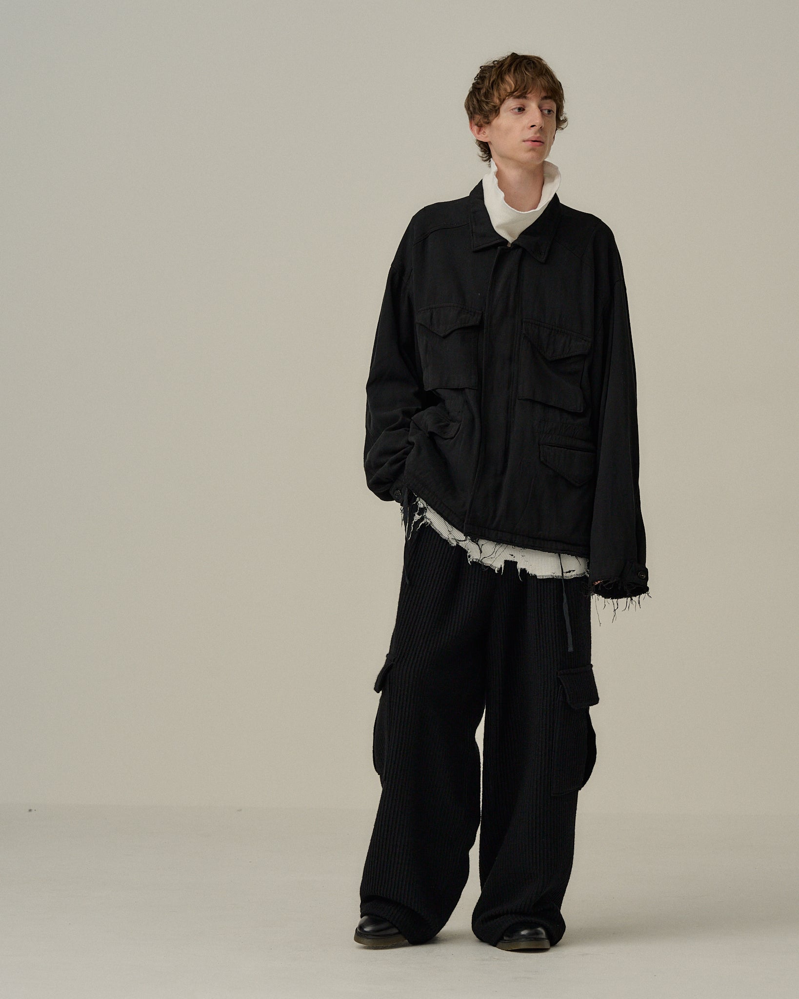 WOOL CORDUROY CARGO SLACKS(BLACK)