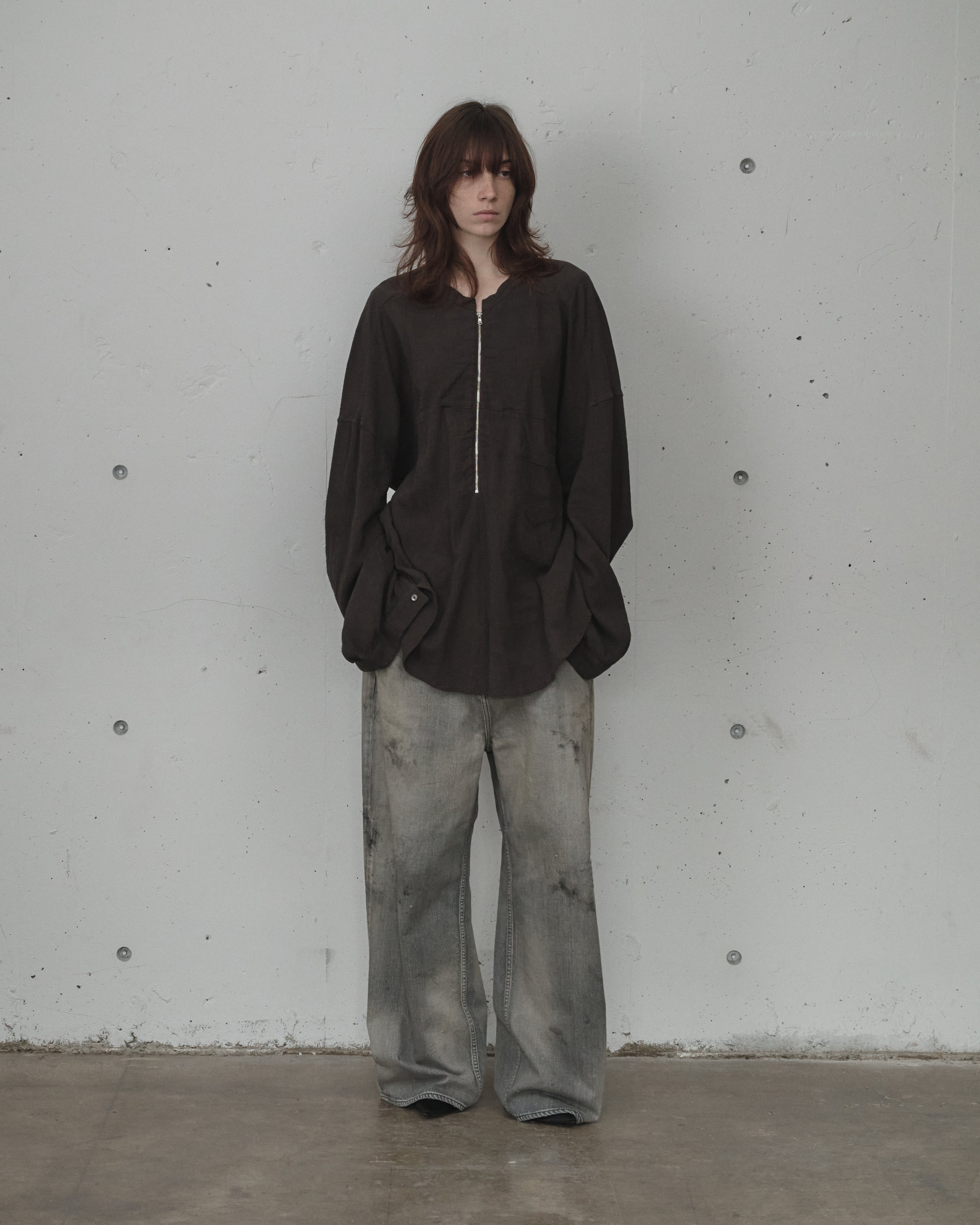 CREPE HALF ZIP SHIRT(BROWN)