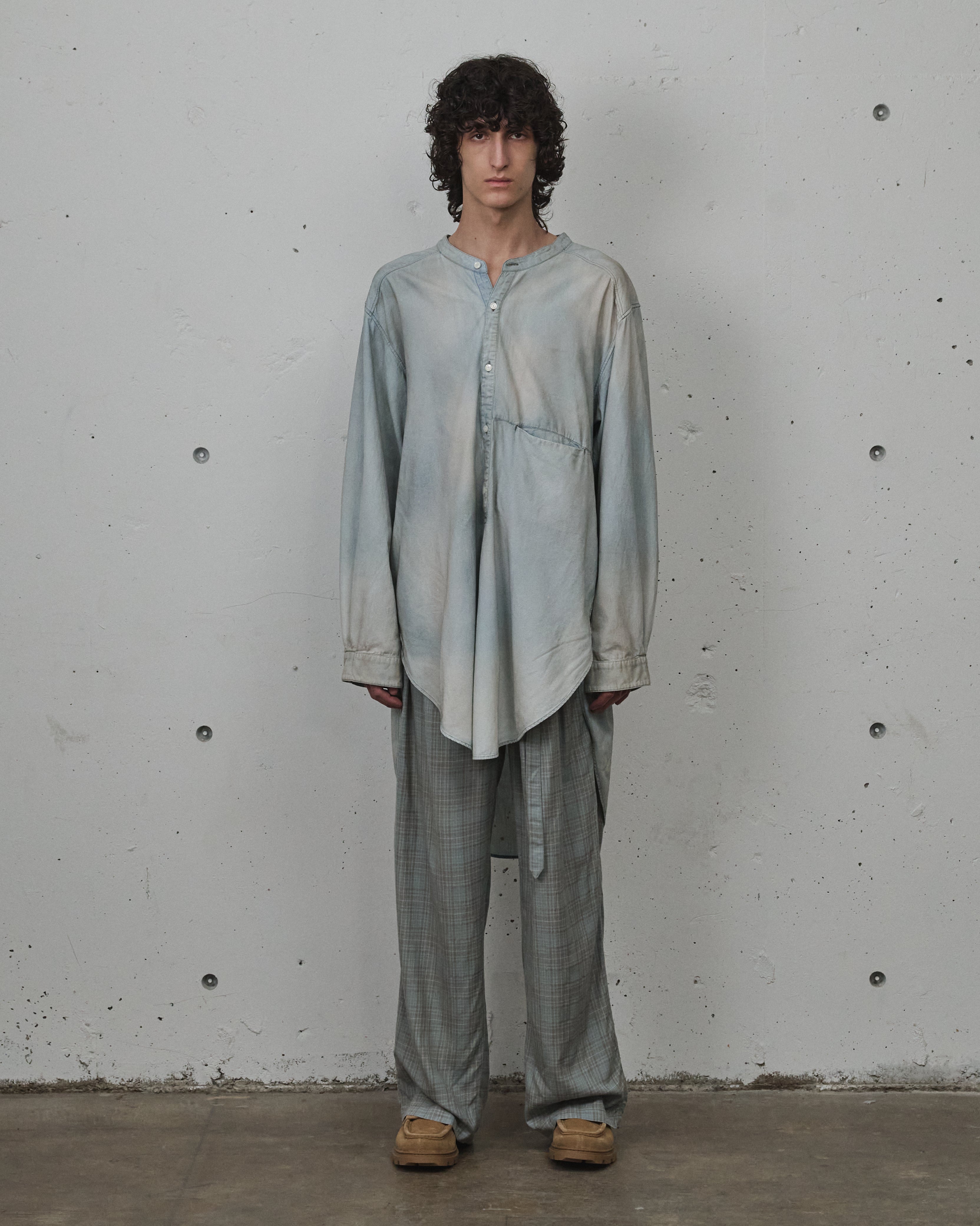 AGING CHECK BELT-LESS SLACKS(BLUE)