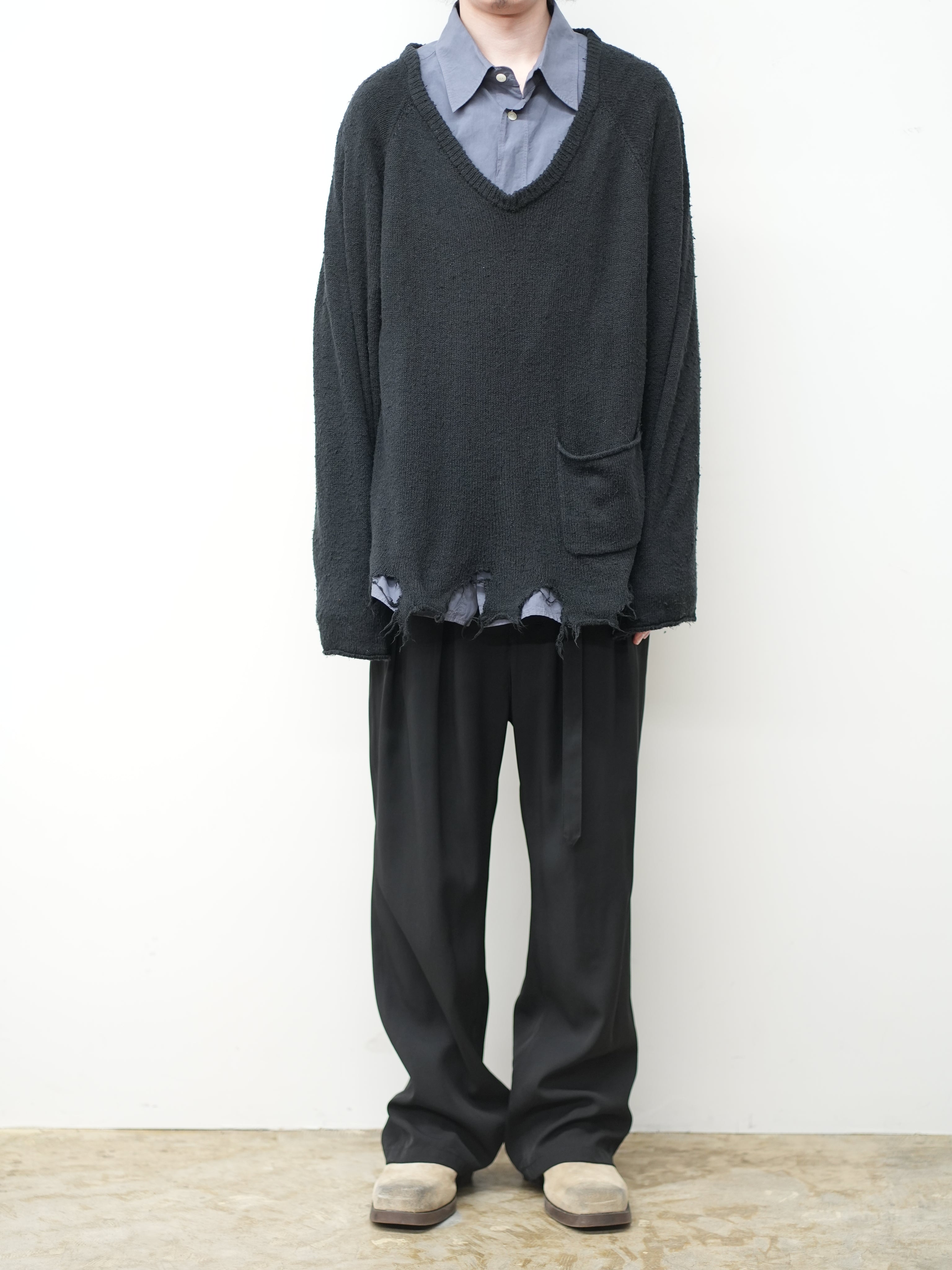archive damage cutsew サムホール　dark mode DAMAGE SILK UVNECK KNIT(BLACK)
