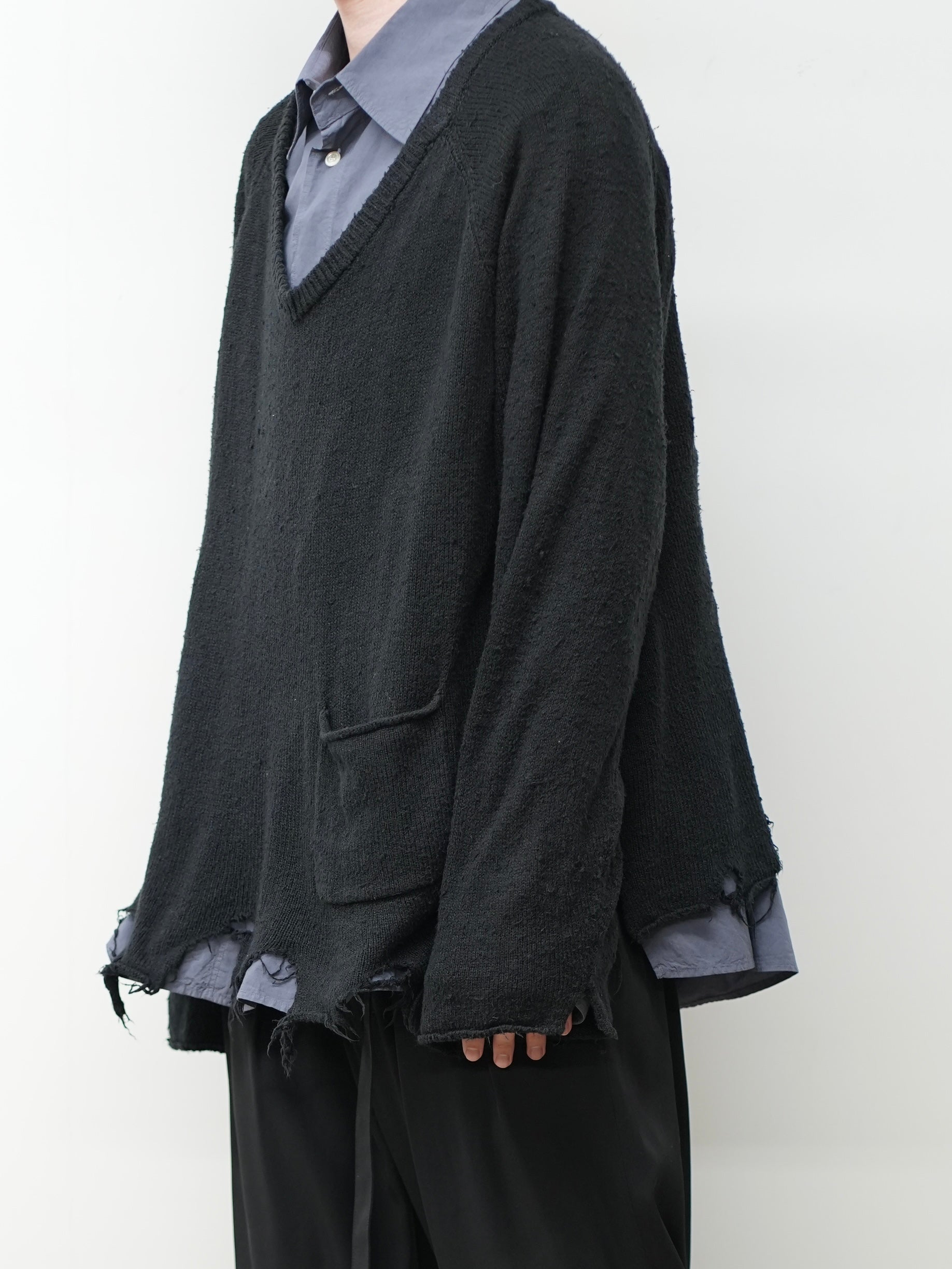 archive damage cutsew サムホール　dark mode DAMAGE SILK UVNECK KNIT(BLACK)