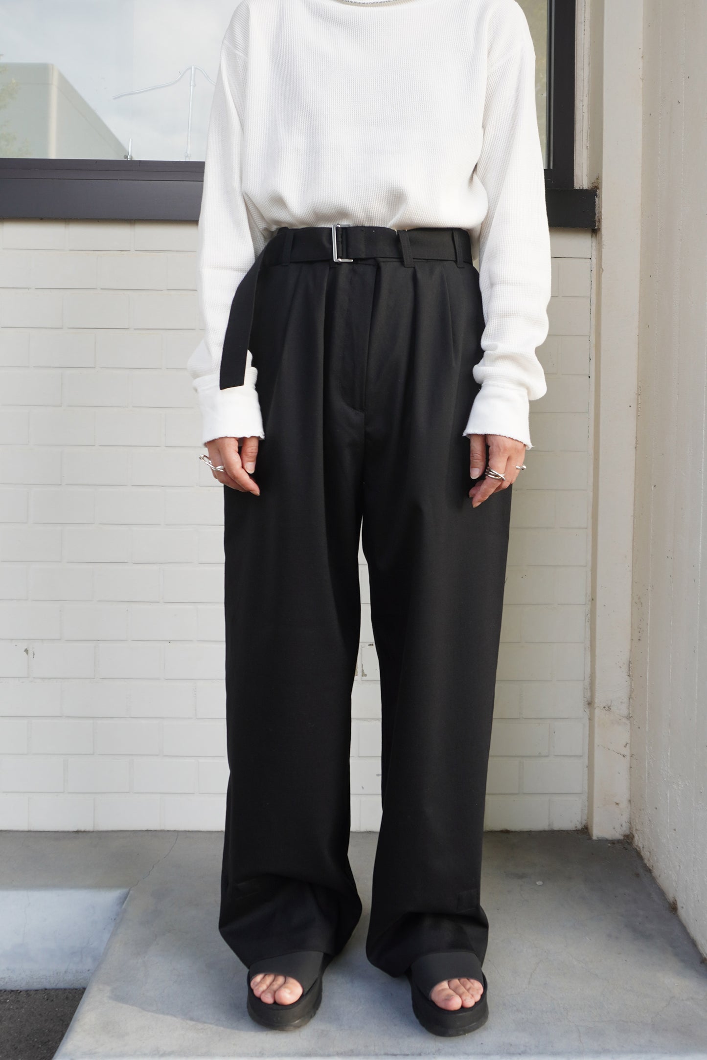 Wool Tropical 2Way Belted Trousers(Black)