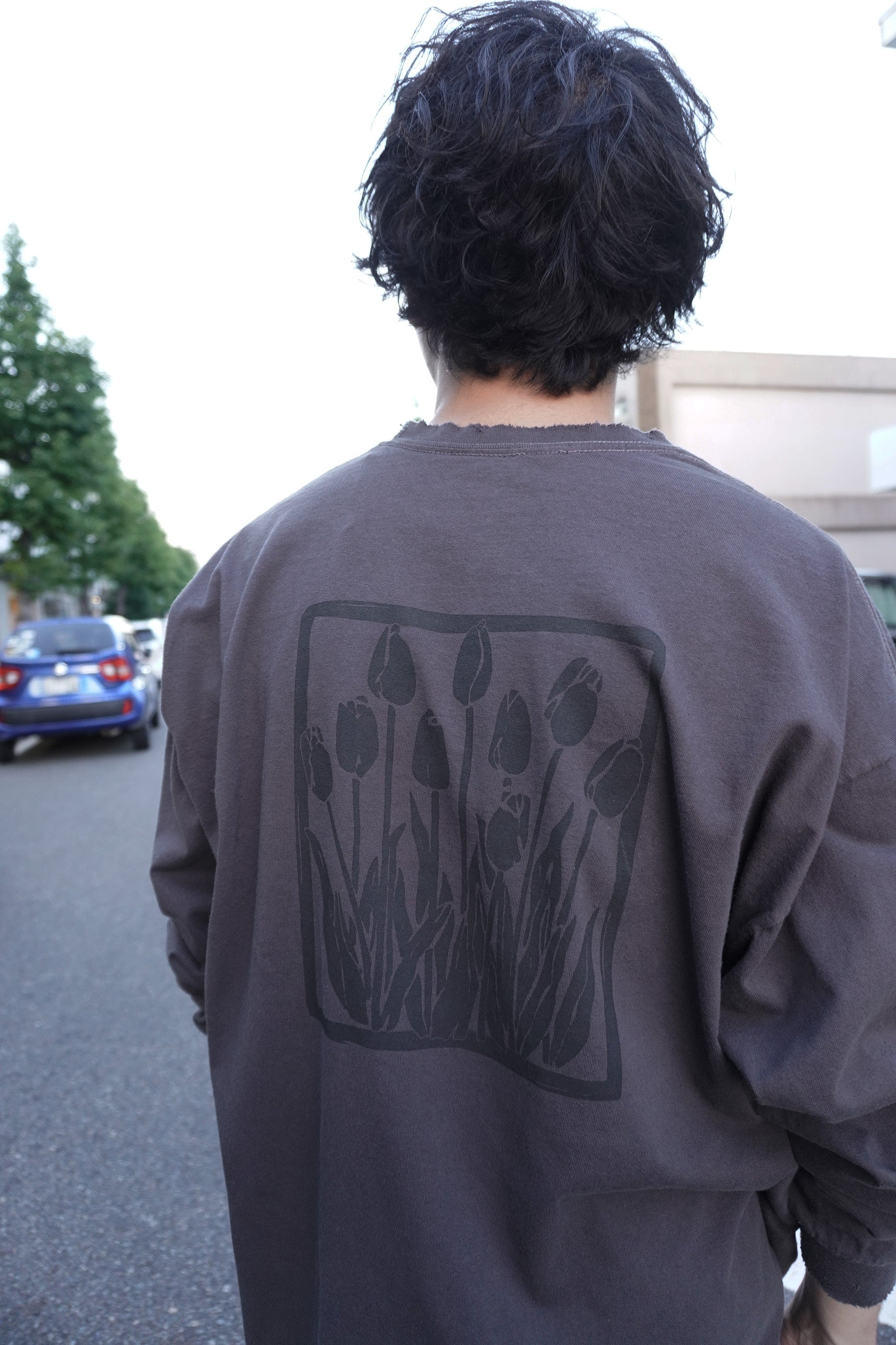 DYED DAMEGE FLOWER PT LS T-SHIRT(BLACK)