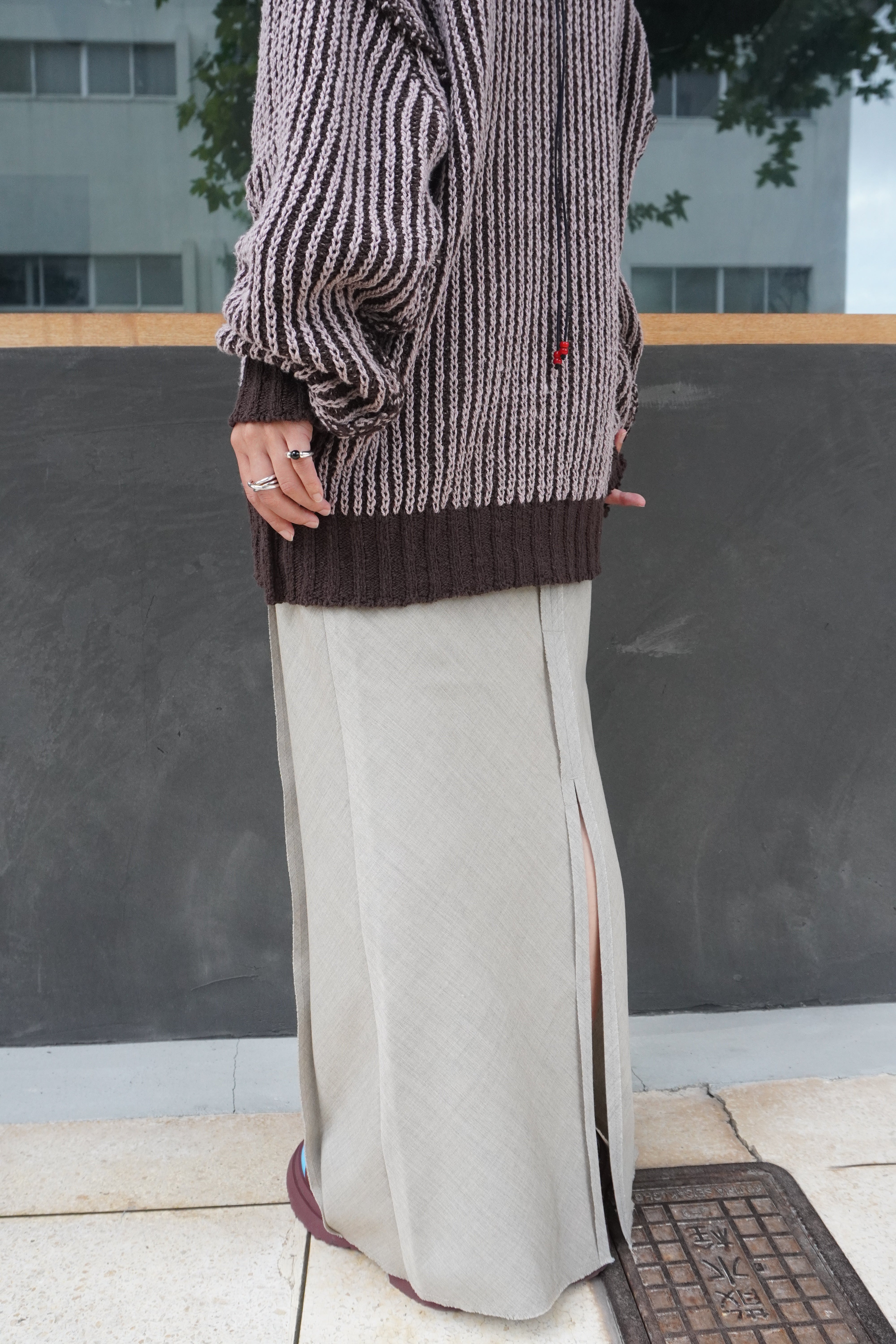 [30%OFF]Wool Twill Unhemmed Long Skirt(Gray Beige)