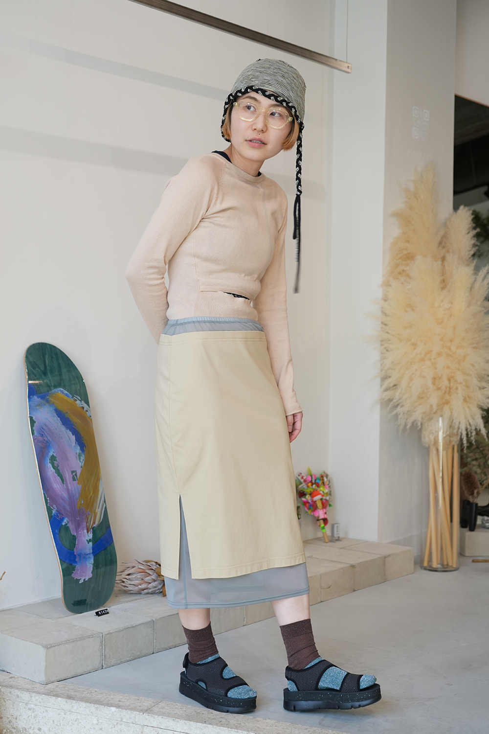 Sheer Layerd Midi Skirt(Sand)