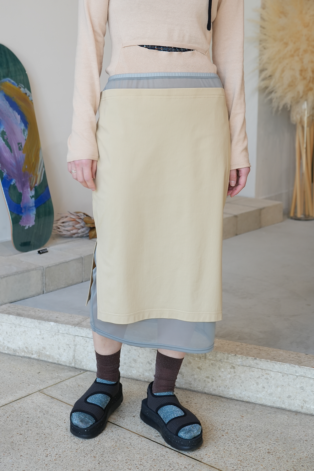 Sheer Layerd Midi Skirt(Sand)