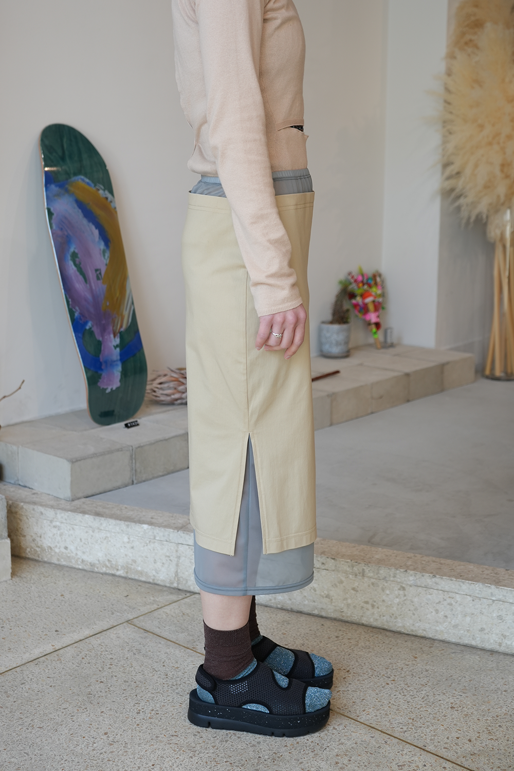 Sheer Layerd Midi Skirt(Sand)