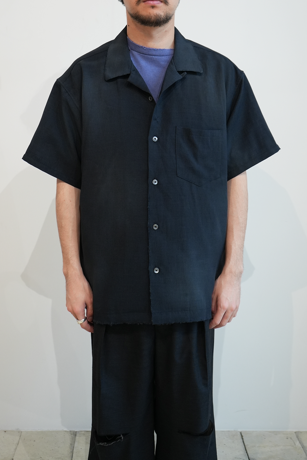 MELANGE OPEN COLLAR SS SHIRT(NAVY)