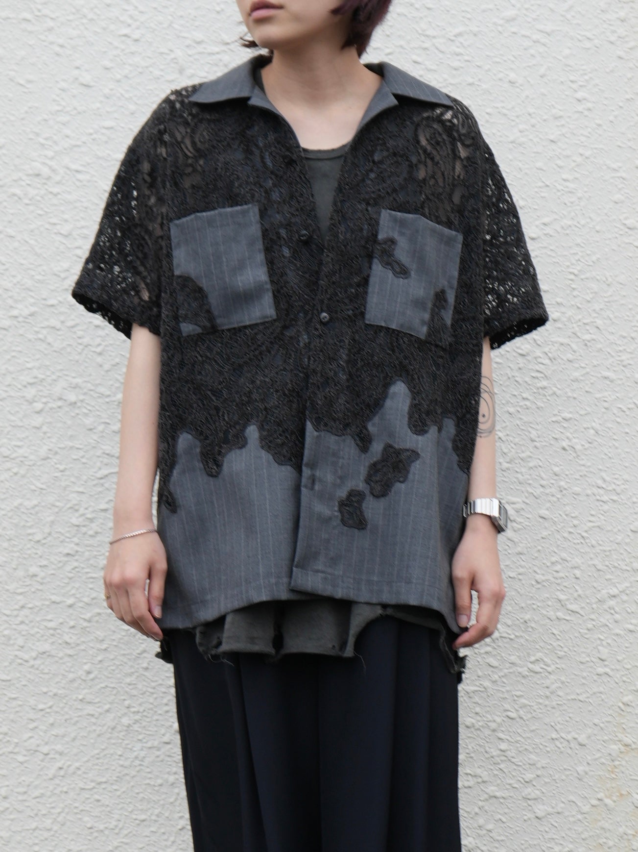 COMBINE EMBROIDERY OPEN COLLAR SHIRTS
