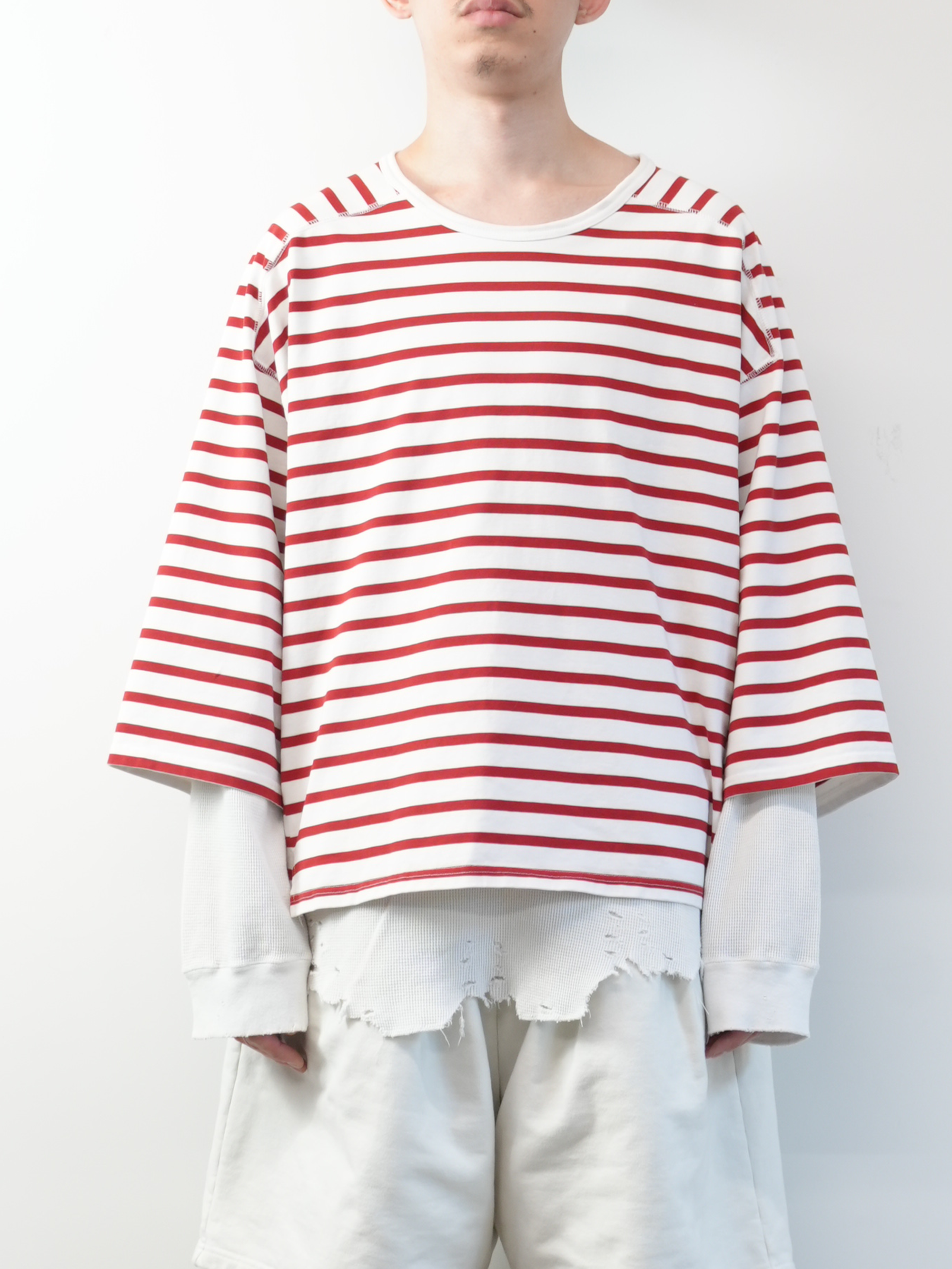 BORDER LAYERED LS SHIRT(WHITE/RED)