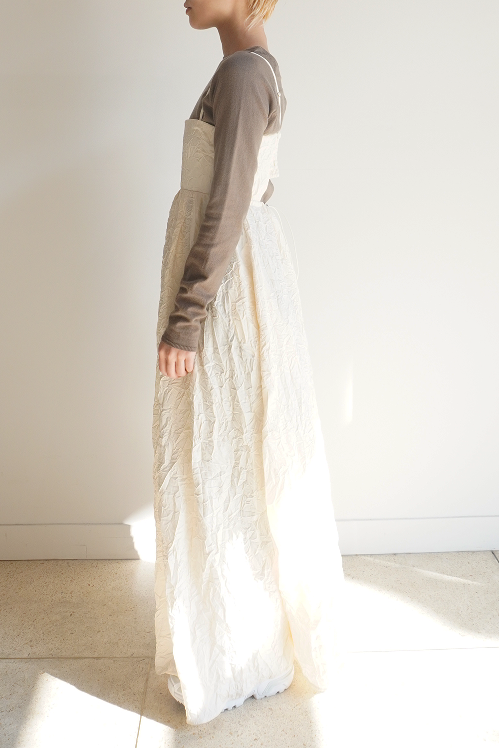 Wrinkle Satin Volume Flare Dress(Ivory)