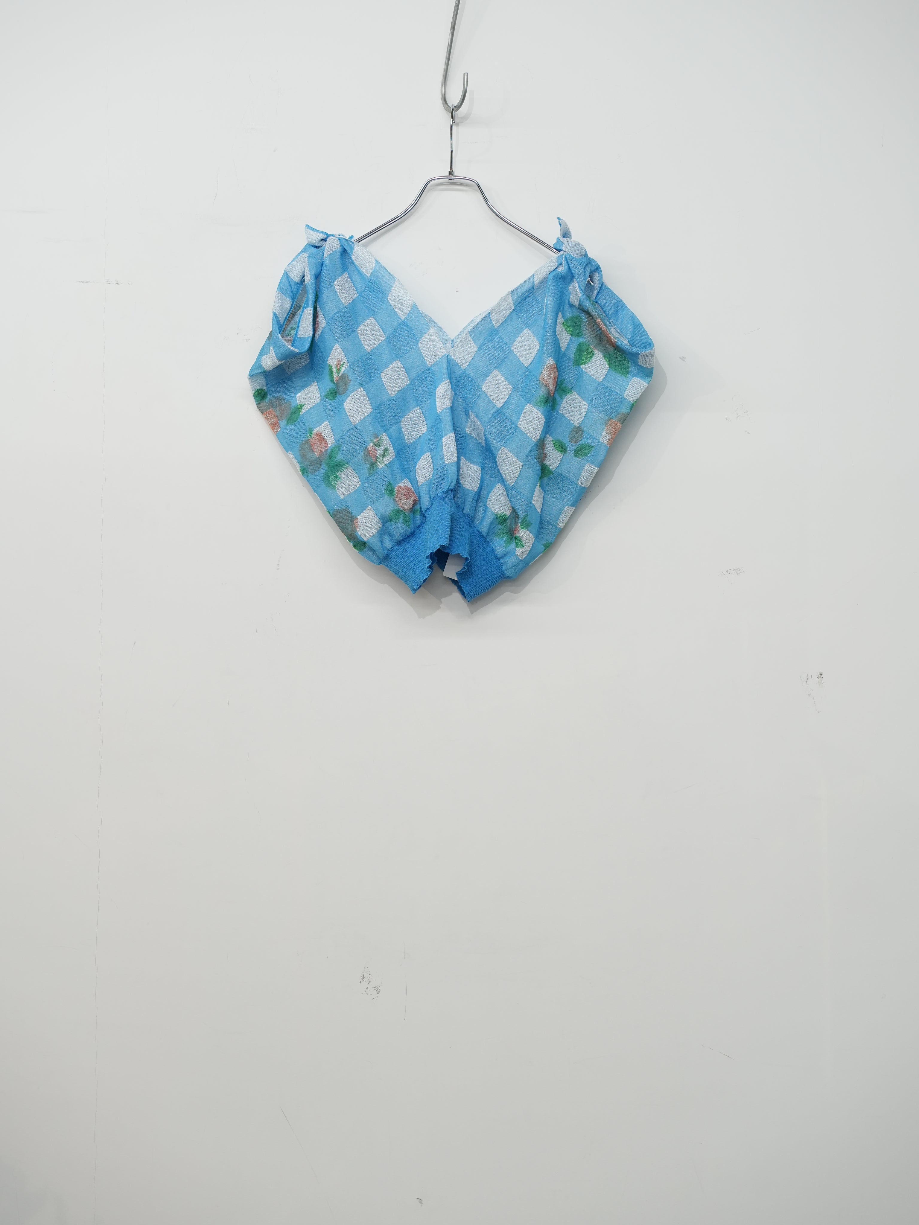 FLOWER PRINTED GINGHAM KNIT TOP