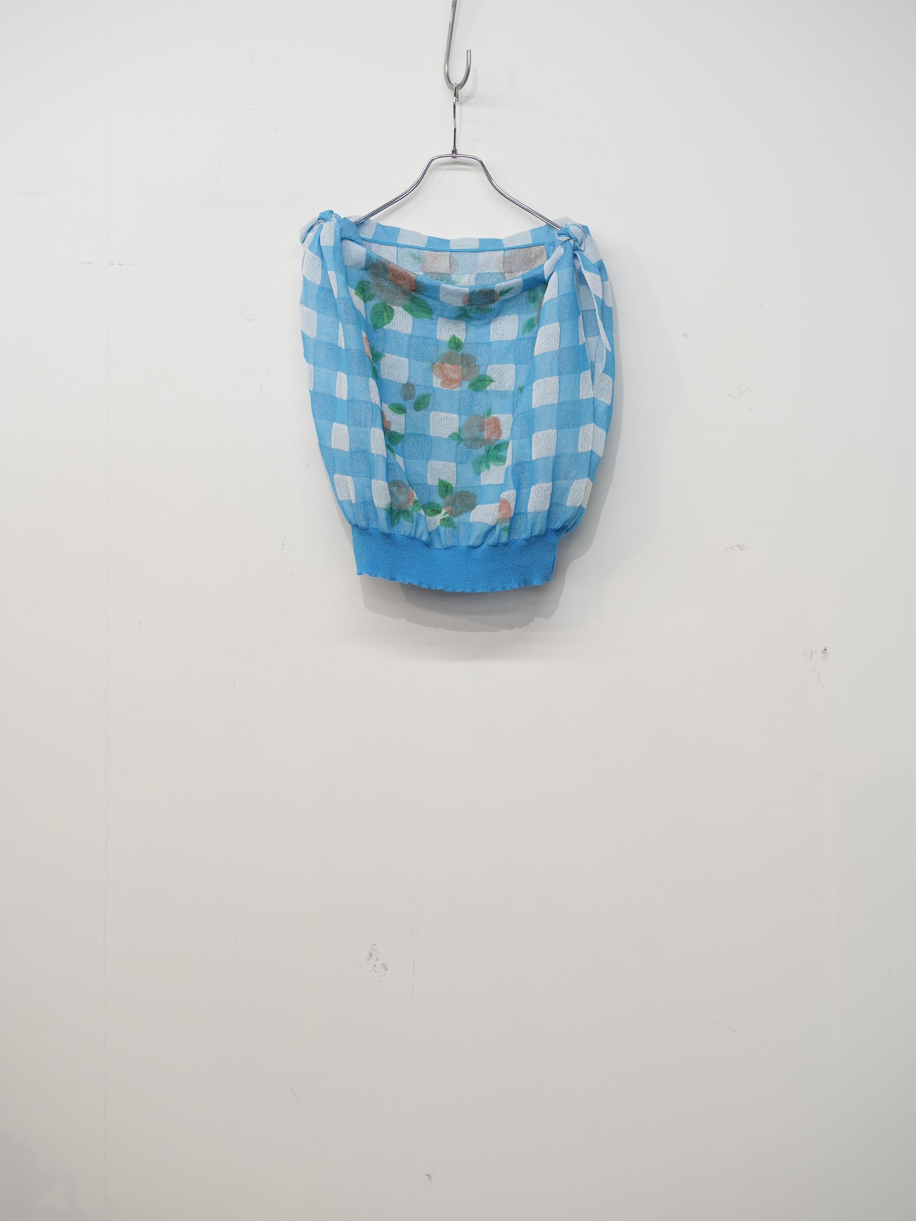 FLOWER PRINTED GINGHAM KNIT TOP