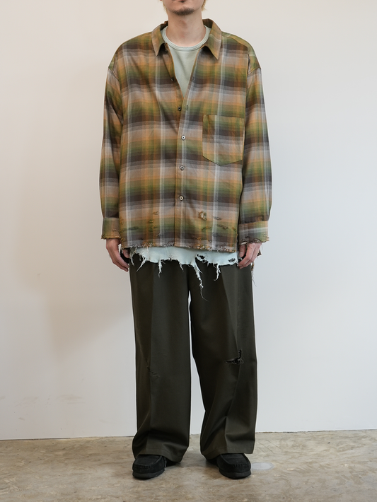 WOOL DAMAGE WIDE SLACKS(DARK OLIVE)