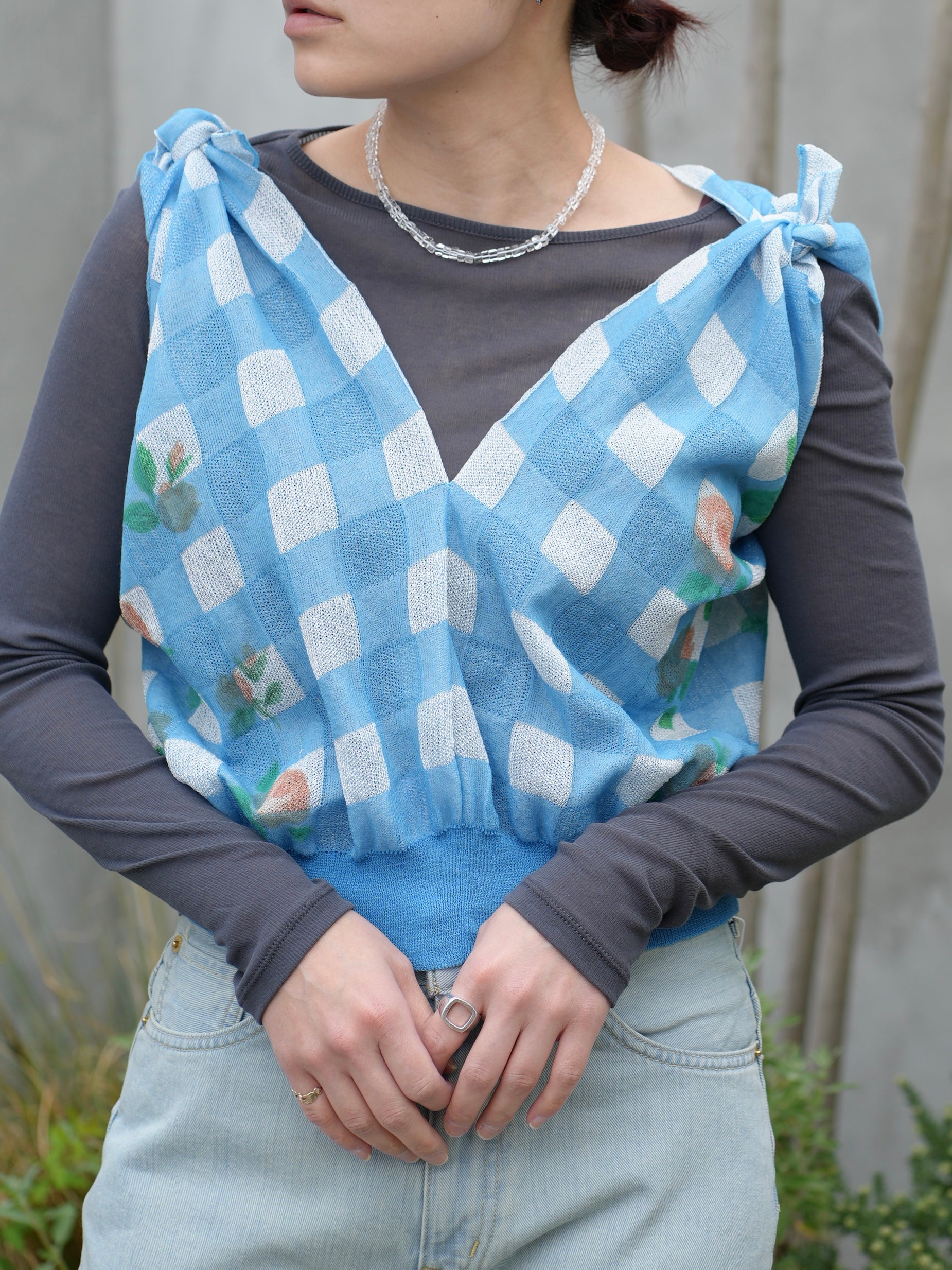 FLOWER PRINTED GINGHAM KNIT TOP