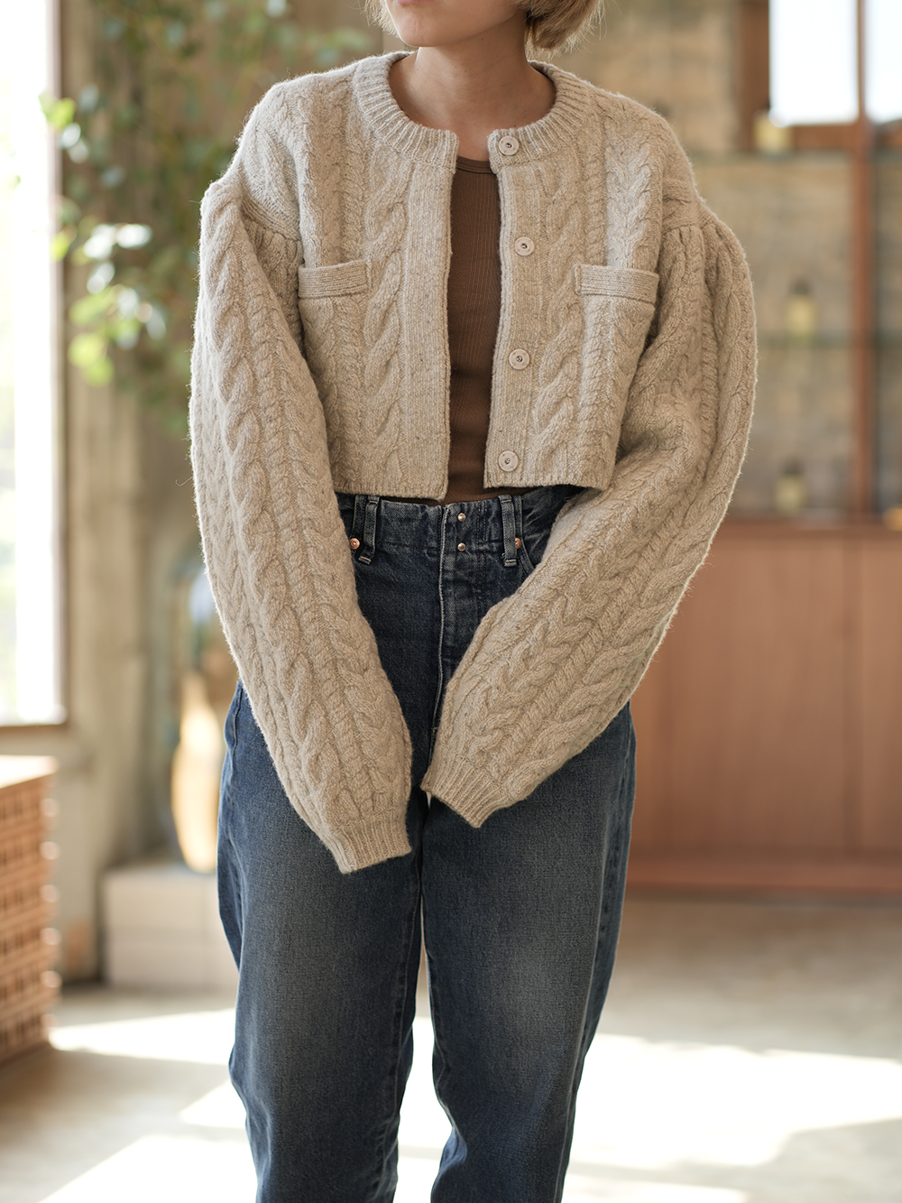 volume sleeve cardigan(NATURAL)