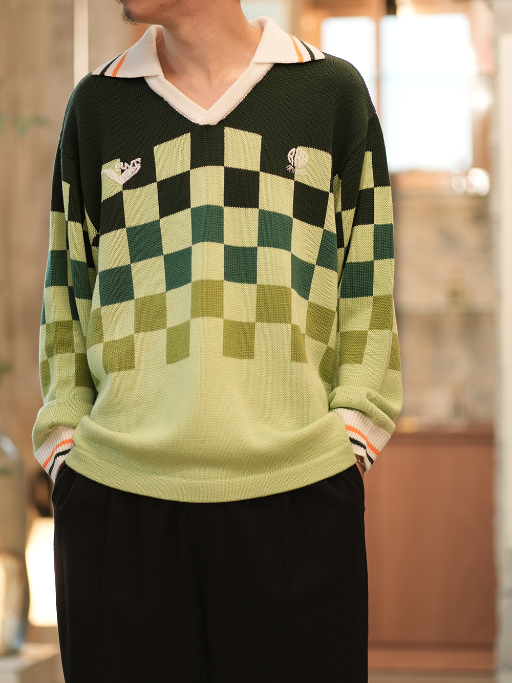 [40%OFF] KNITTING CHECKRD SOCCER JERSEY(LIGHT GREEN)