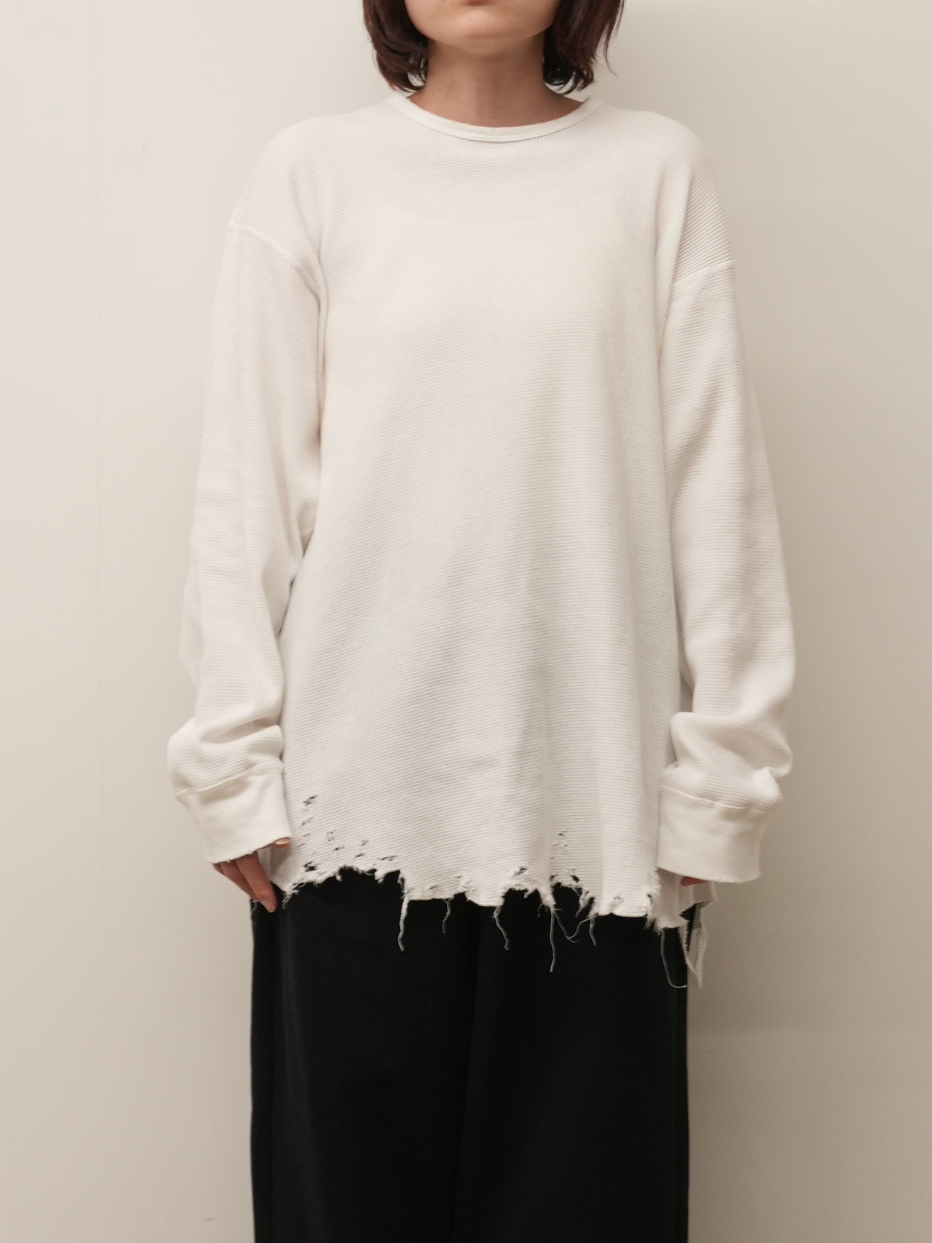 DAMAGE WAFFLE CREW LS T-SHIRT(WHITE)