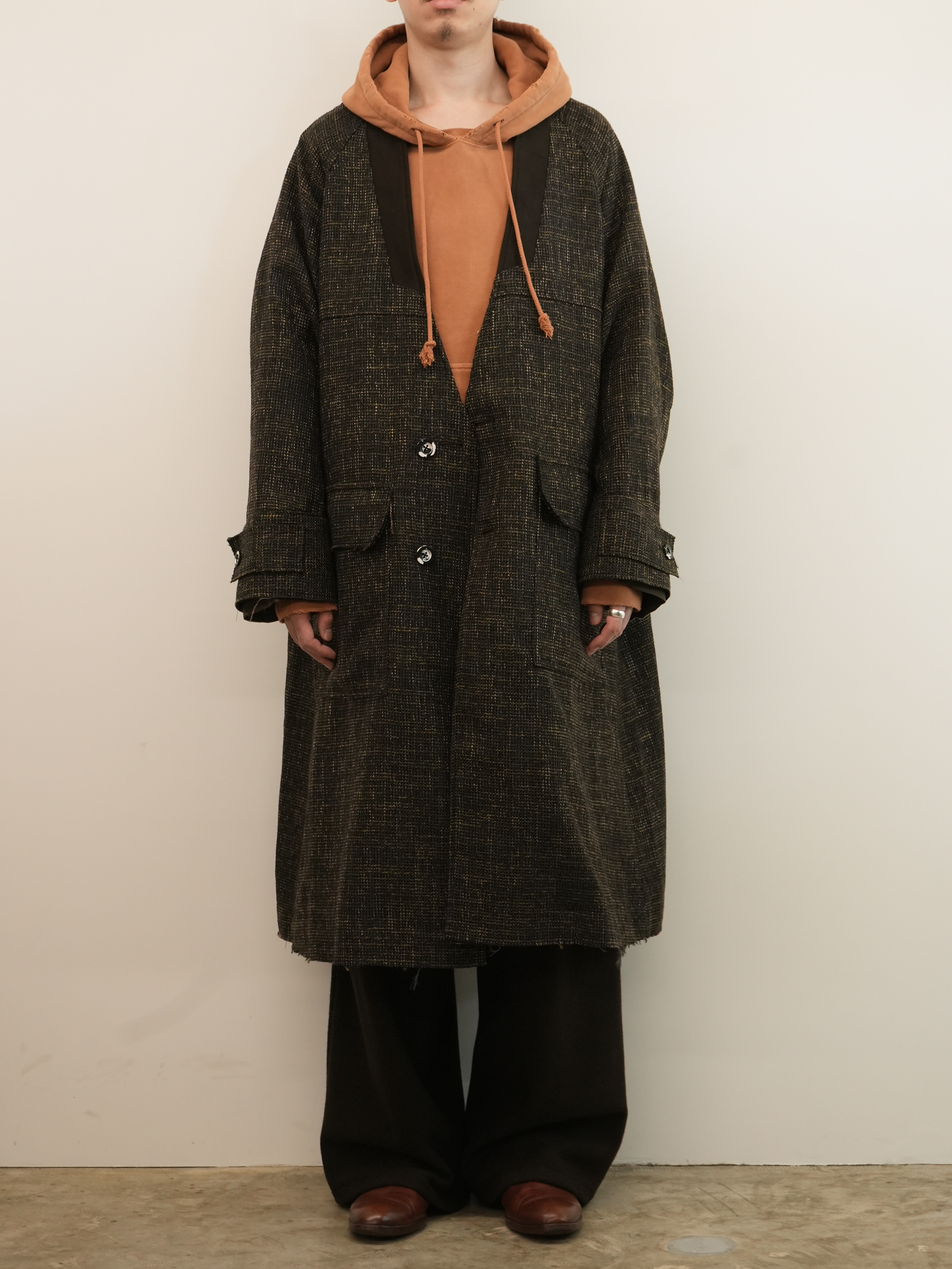 TWEED COLLARLESS COAT(BROWN)