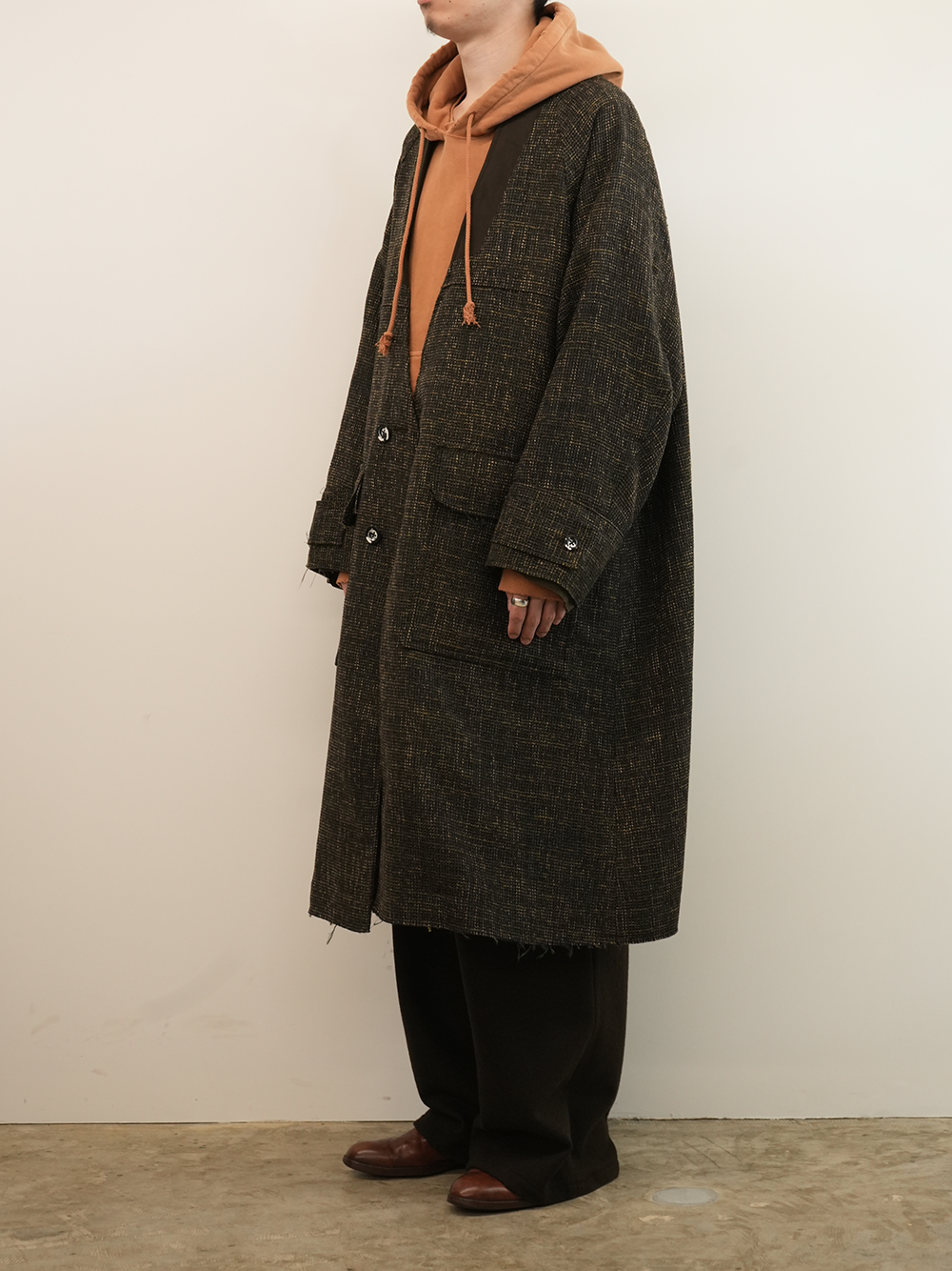 TWEED COLLARLESS COAT(BROWN)