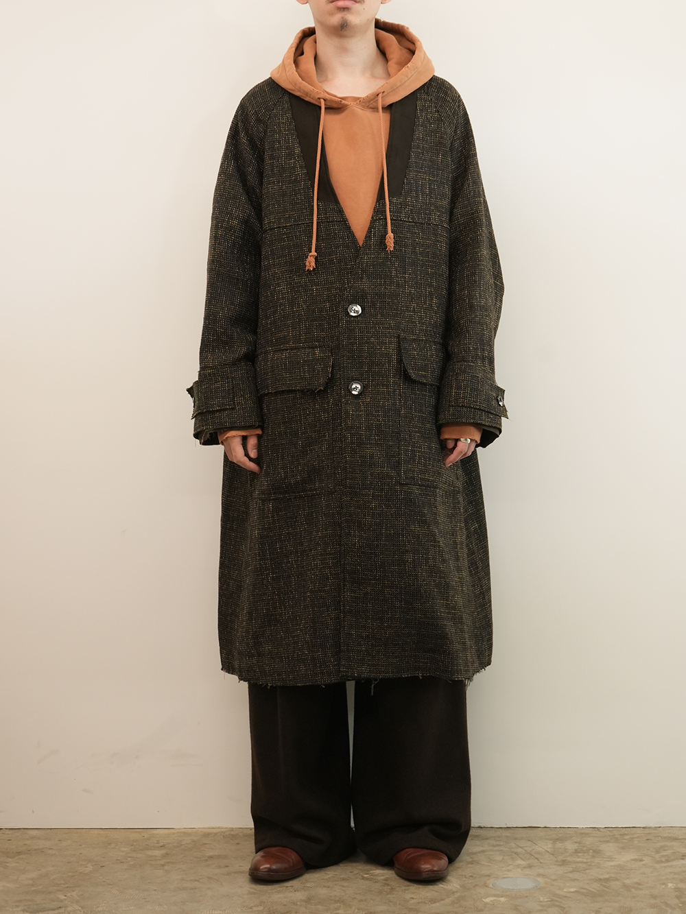 TWEED COLLARLESS COAT(BROWN)