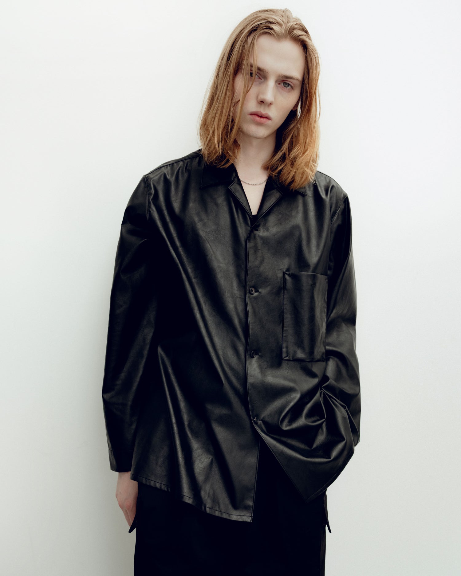 SHADOW BLACK OPEN COLLAR SHIRT(BLACK LEATHER)