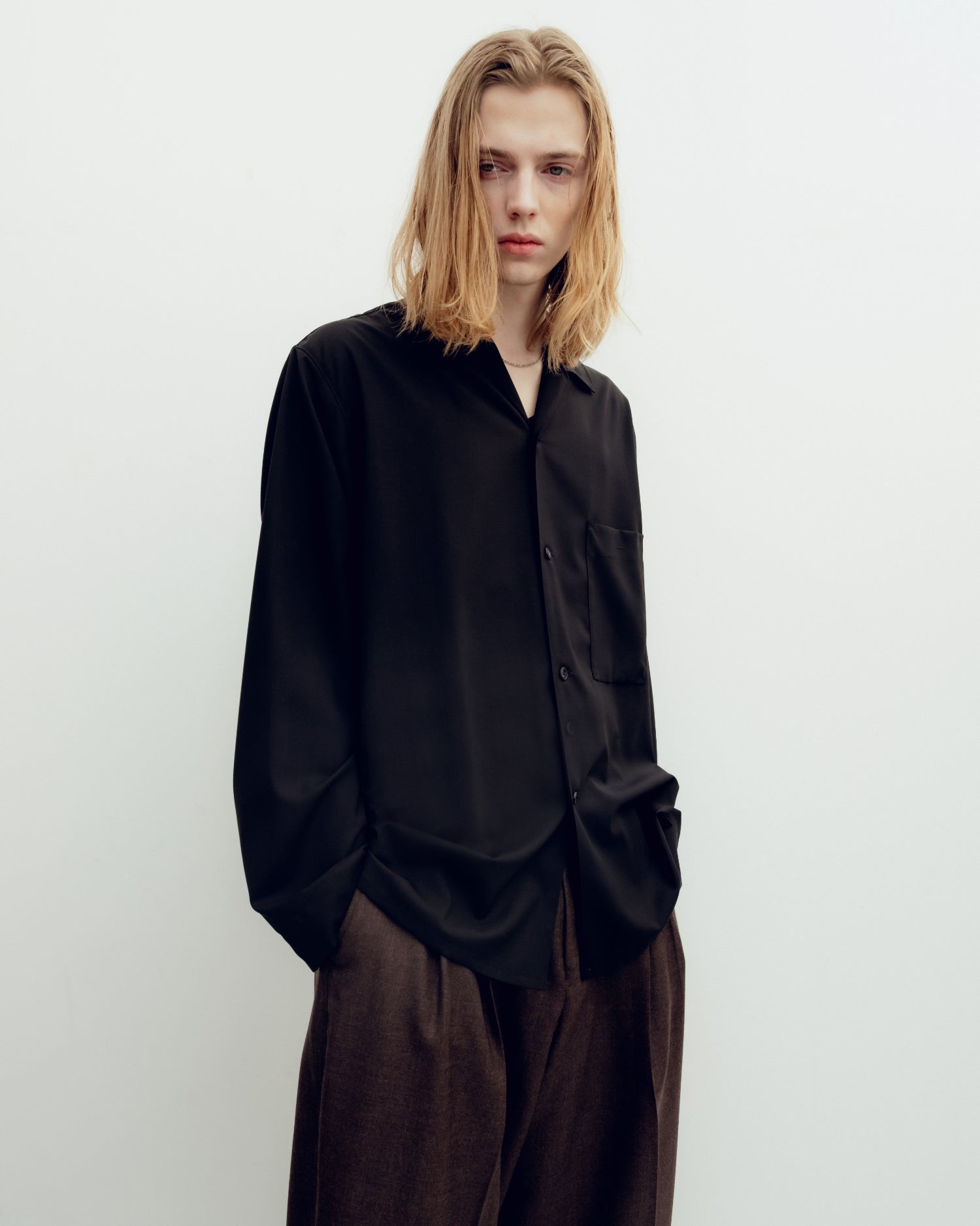 WOOL OPEN COLLAR SHIRT(BLACK WOOL)