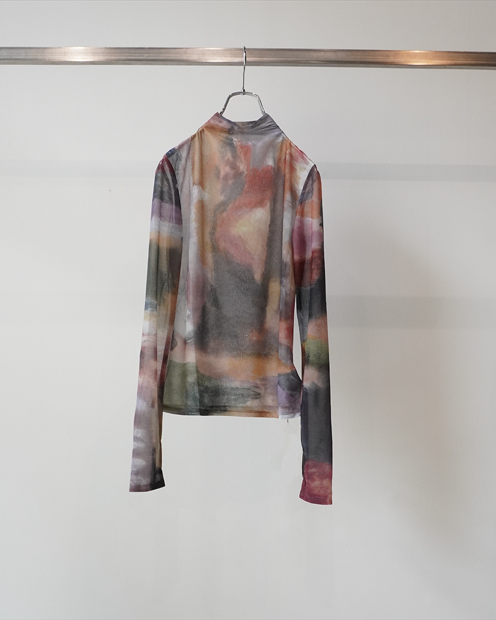 Abstract Painting Print Sheer High Neck Top